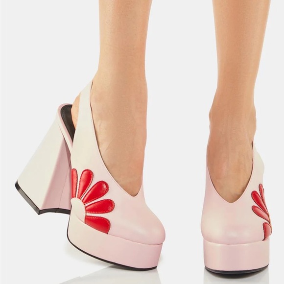 LaModa x Dolls Kill “you’re the one” platforms slingback heels pink red flower - Picture 2 of 9